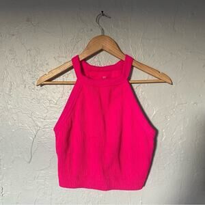 Aerie Workout Halter Ribbed Soft Neon Barbie Pink Crop Tank Top Build in Bra XL